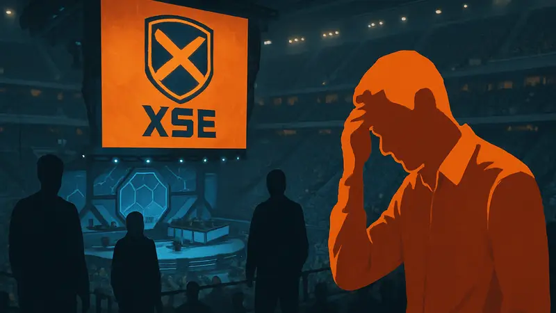Логотип XSE Pro League на фоне киберспортивной арены в Гуанчжоу, проблемы с организацией турнира.