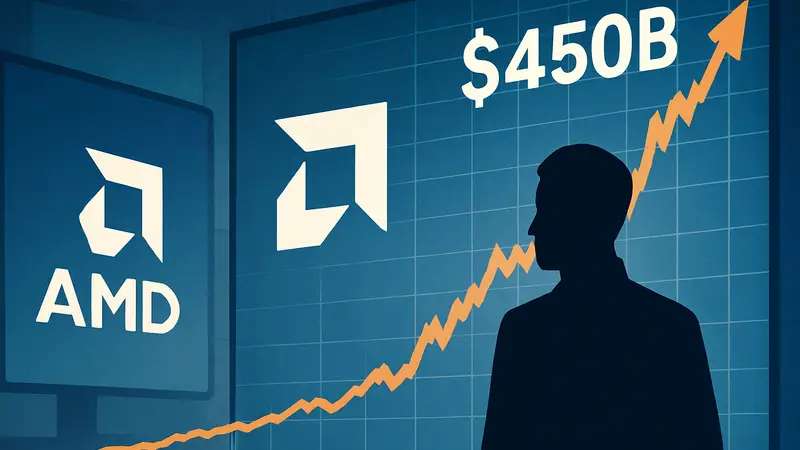 График рыночной капитализации AMD, демонстрирующий рекордный рост до $450 миллиардов на фоне логотипов компании.