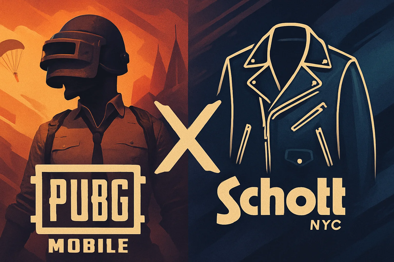Логотипы PUBG Mobile и Schott NYC, переплетающиеся в стилизованном изображении.