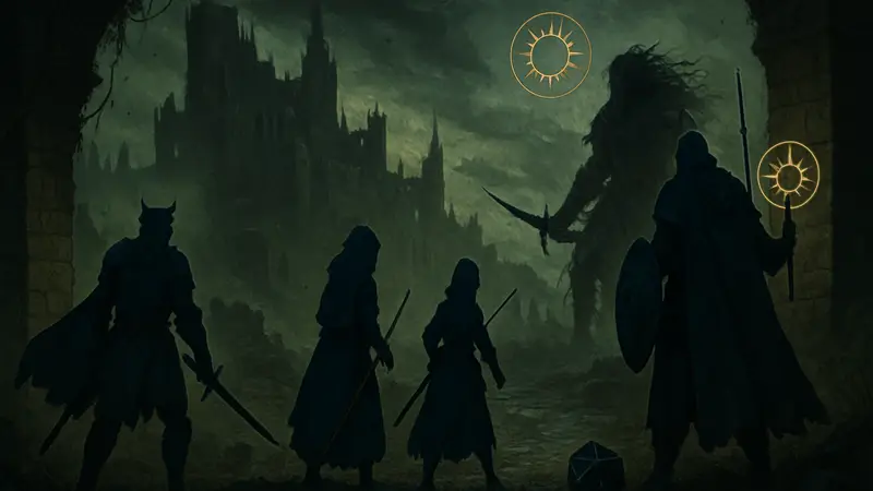 Иллюстрация Elden Ring Nightreign TTRPG, герои в мрачном фэнтезийном мире, элементы настольной ролевой игры.