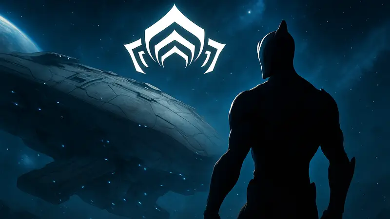 Логотип игры Warframe на фоне космического корабля с изображением варфрейма Эскалибура, иллюстрация к новости об опровержении утечки данных.