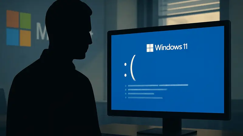 Синий экран смерти Windows 11 на мониторе с логотипом Microsoft и сообщениями об ошибке