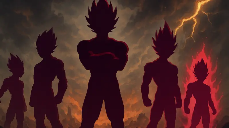 Изображение различных злых версий персонажа Веджеты из аниме Dragon Ball, демонстрирующих их силу и угрозу.
