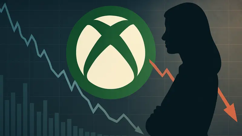 Логотип Xbox на фоне графиков, символизирующих изменения и сокращения подразделения под руководством Аши Шармы