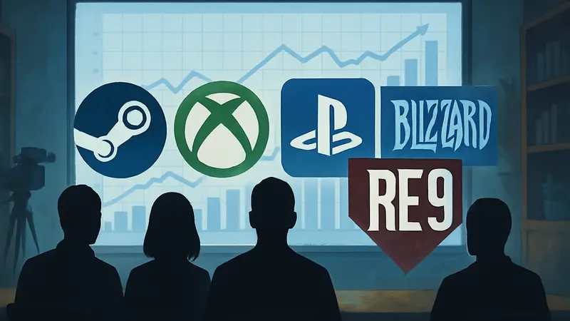 Иконки Steam, Xbox, PlayStation, логотип Resident Evil Requiem и Blizzard на фоне аналитического стрима.