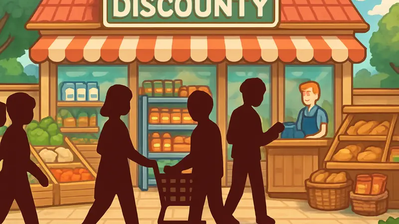 Скриншот или обложка игры Discounty, изображающая мультяшный супермаркет и персонажей.