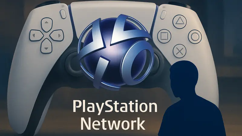 Логотип PlayStation Network с надписью 'Сервисы доступны' на фоне контроллера PS5.
