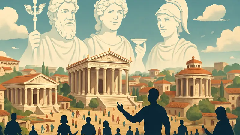 Геймплей Nova Roma: древнеримский город с храмами и жителями под контролем богов.