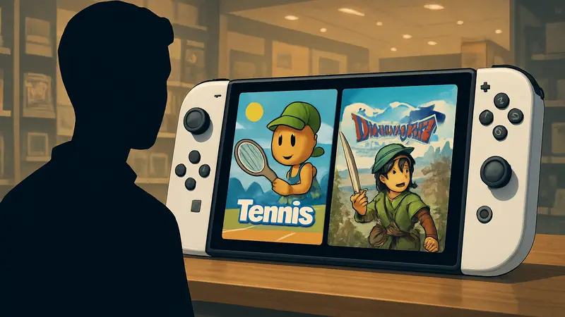 Концепт-арт Nintendo Switch 2 с обложками игр Mario Tennis и Dragon Quest 7, анонсированных на 2026 год