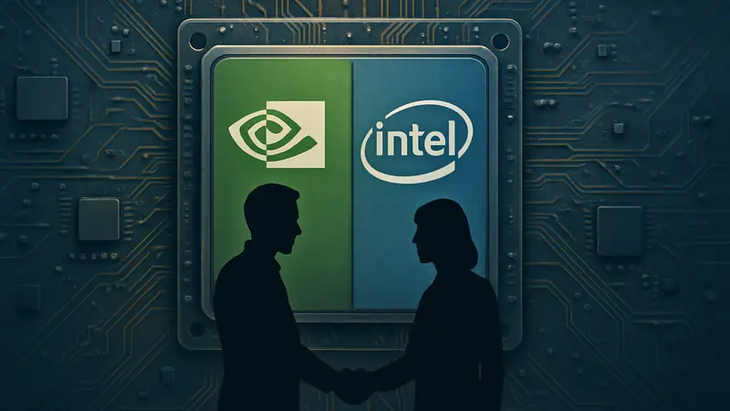Изображение логотипов Nvidia и Intel на фоне микросхем, символизирующих сотрудничество в создании процессора.