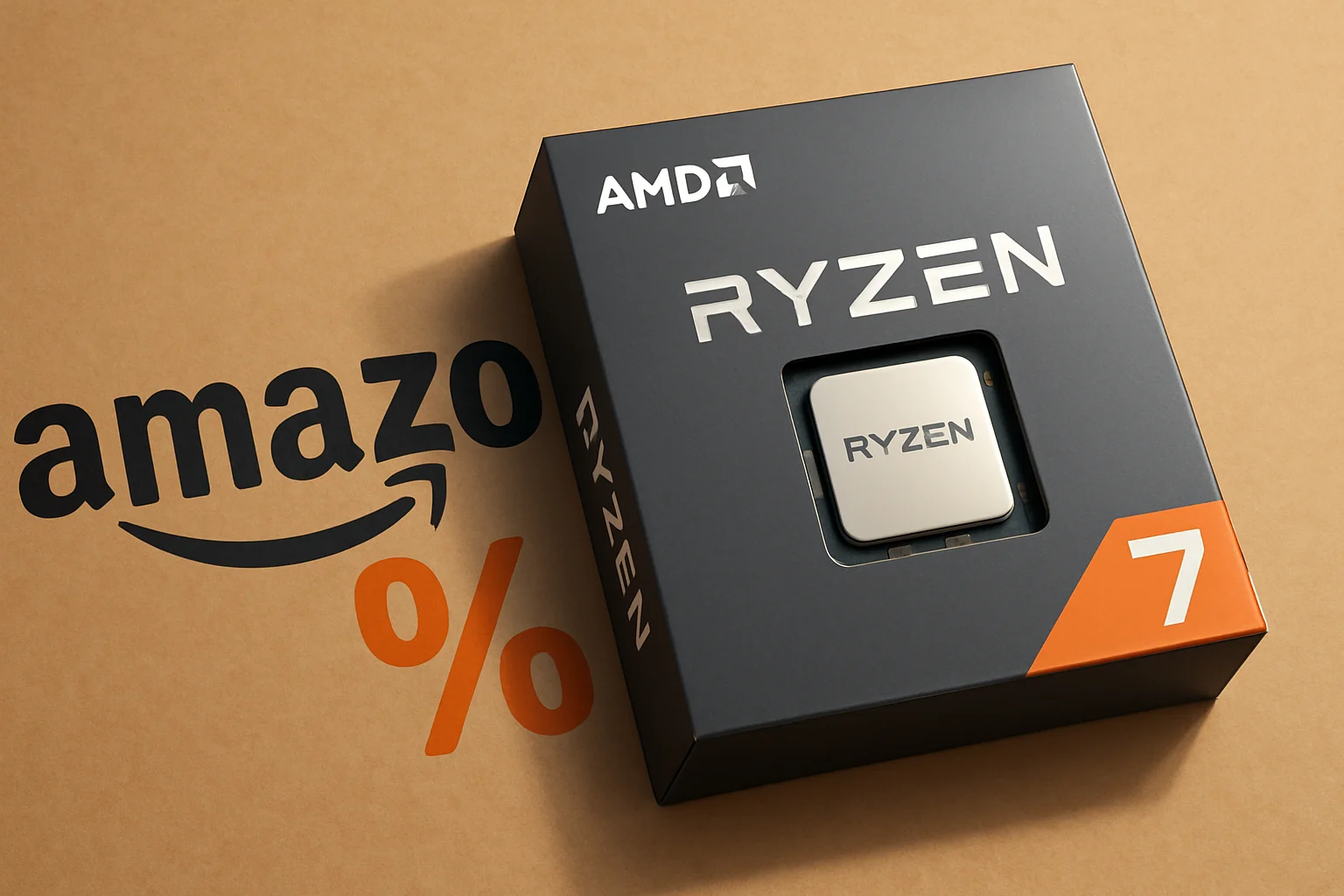 Коробка с процессором AMD Ryzen 7, лежащая на поверхности с логотипом Amazon, символизирующая крупную скидку и доступность.
