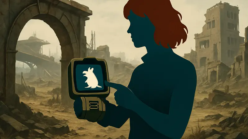 Люси из сериала Fallout, держащая Пип-Бой и демонстрирующая свой новый уровень