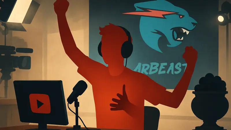 Польский YouTube-стример, празднующий сбор средств, с логотипом MrBeast на заднем плане.