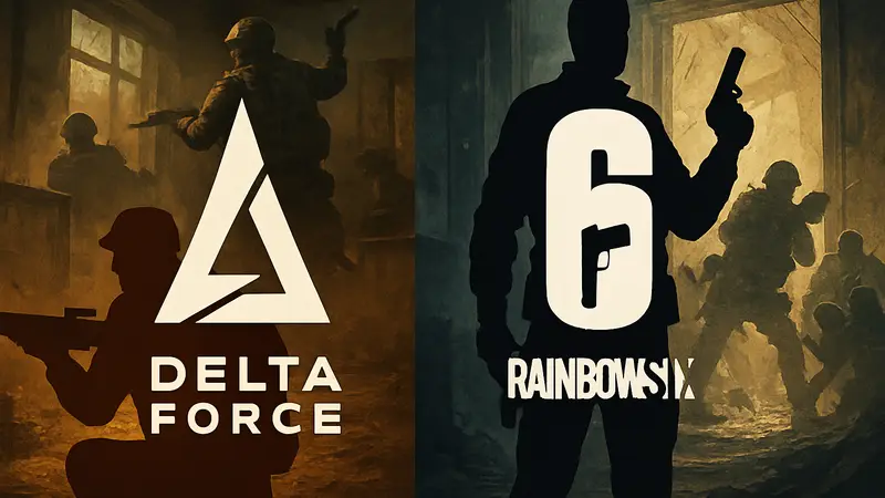 Логотипы Delta Force и Rainbow Six Siege на фоне игровых сцен