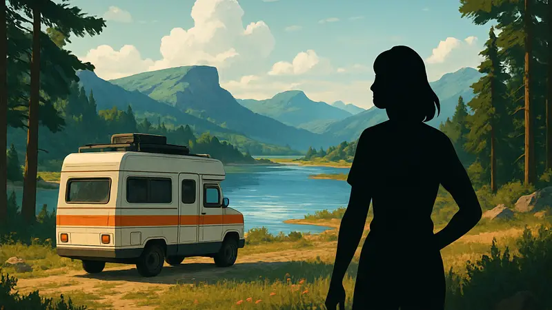 Скриншот из игры Outbound, демонстрирующий кемпер на фоне живописного открытого мира.