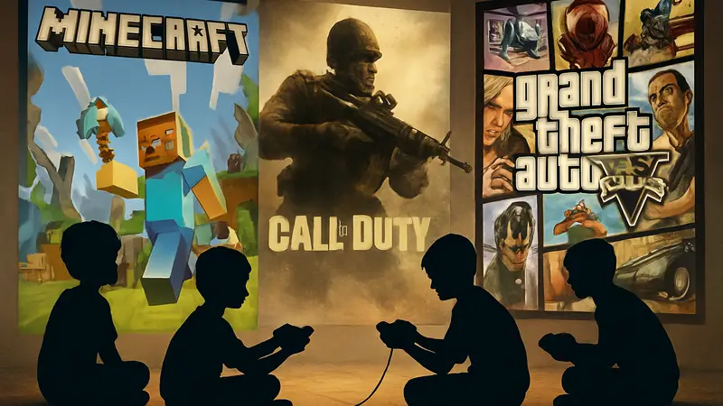 Коллаж из обложек популярных игр 2000-х и 2010-х годов, таких как Minecraft, Call of Duty, GTA V, с детьми, играющими на фоне.