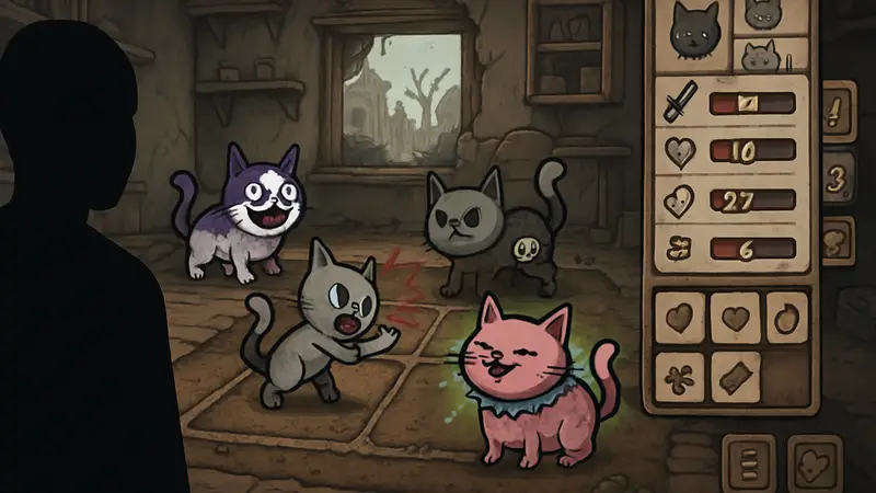 Игровой скриншот Mewgenics с котами и интерфейсом roguelite-стратегии от Эдмунда Макмиллена