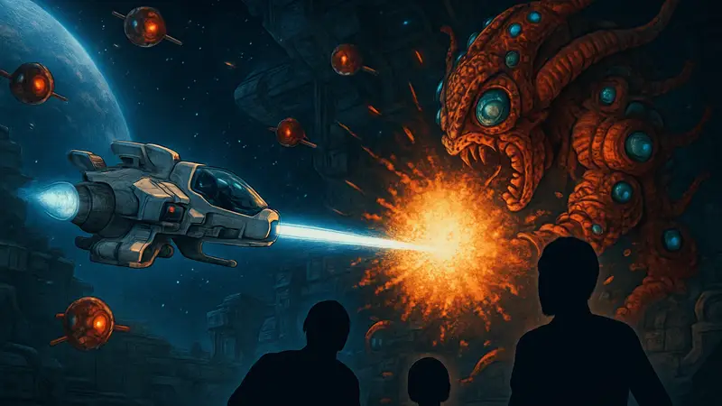 Космический корабль R-Type Dimensions III в бою с врагами на фоне обновлённой графики.