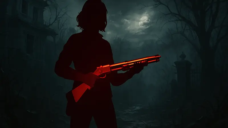 Персонаж Грейс из Resident Evil Requiem с улучшенным оружием на фоне зловещего окружения