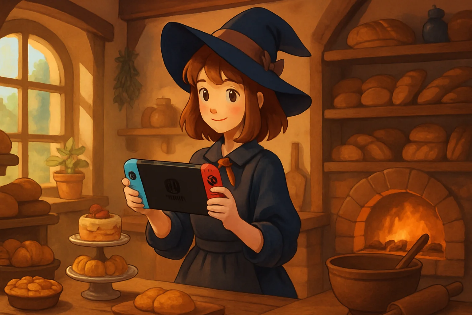 На изображении главная героиня игры The Witch’s Bakery в стилизованной пекарне, с элементами Switch 2.