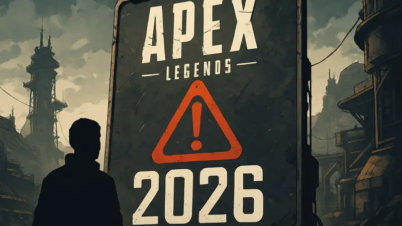 Изображение логотипа Apex Legends с предупреждающим знаком и датой 2026. Слухи о закрытии Apex Legends.