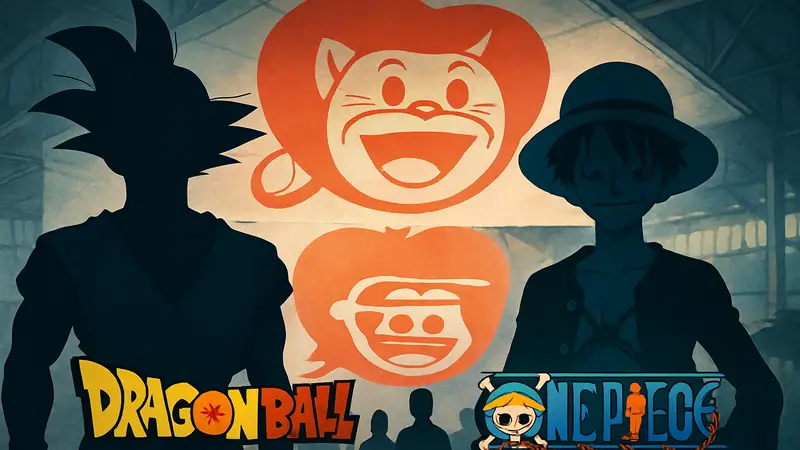 Логотипы Dragon Ball и One Piece на фоне символики Toei Animation, символизирующие возрождение аниме-соперничества.