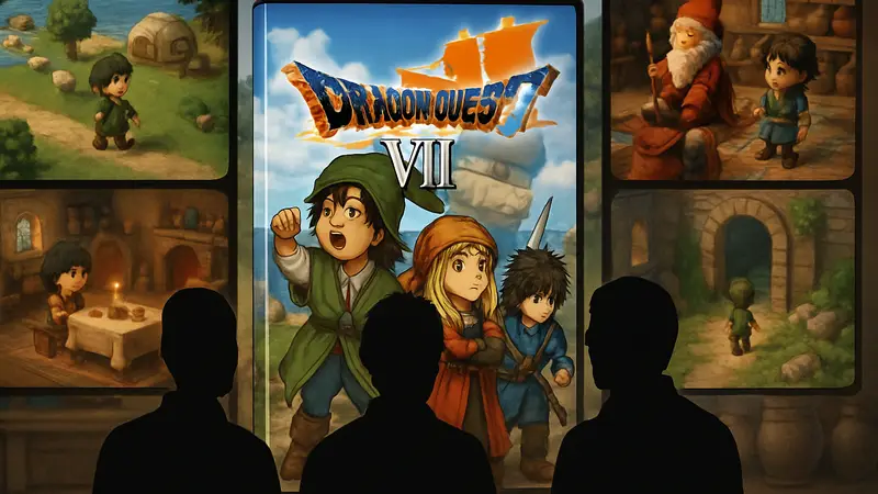 Обложка Dragon Quest VII Reimagined на фоне скриншотов с кукольным стилем, а также разработчики Square Enix