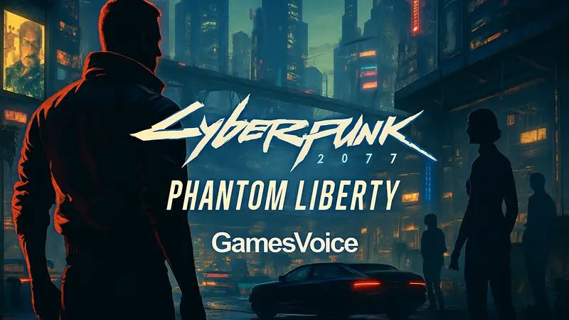 Логотип Cyberpunk 2077: Phantom Liberty с надписью "GamesVoice" и русскими субтитрами.