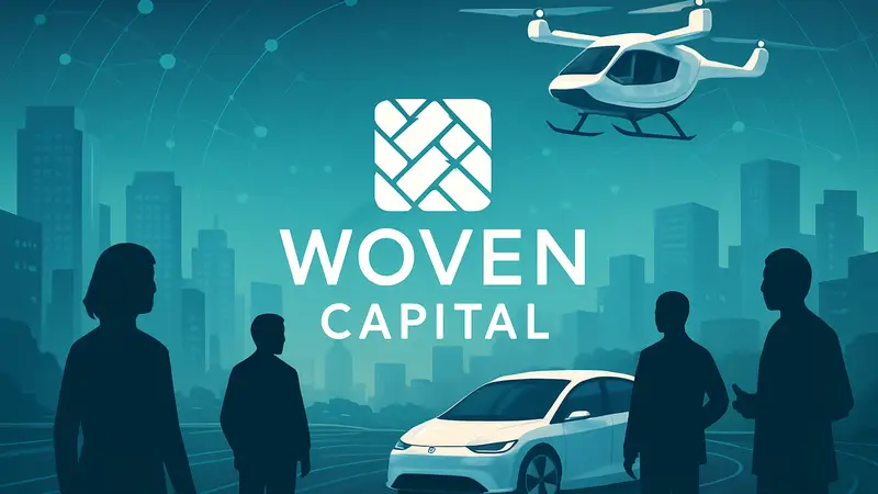 Логотип Woven Capital на фоне абстрактного изображения технологий будущего мобильности