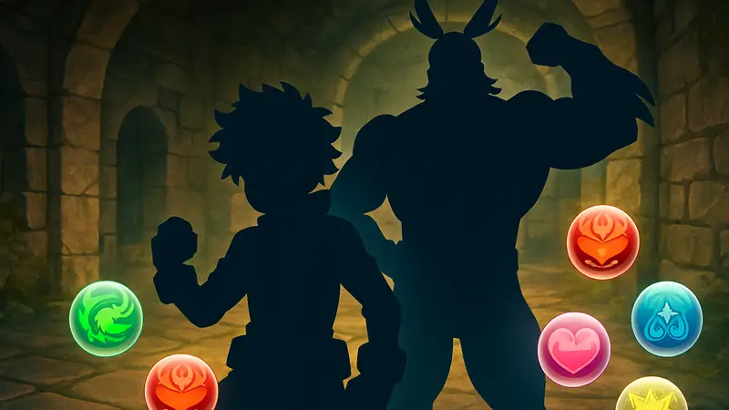 Персонажи Деку и Всемогущий из My Hero Academia в игре Puzzle & Dragons во время коллаборации.