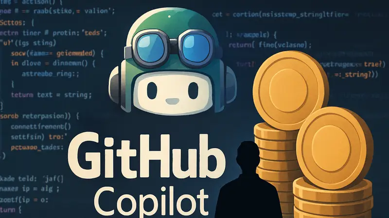 Логотип GitHub Copilot на фоне кода, иллюстрация тарифов на основе токенов.