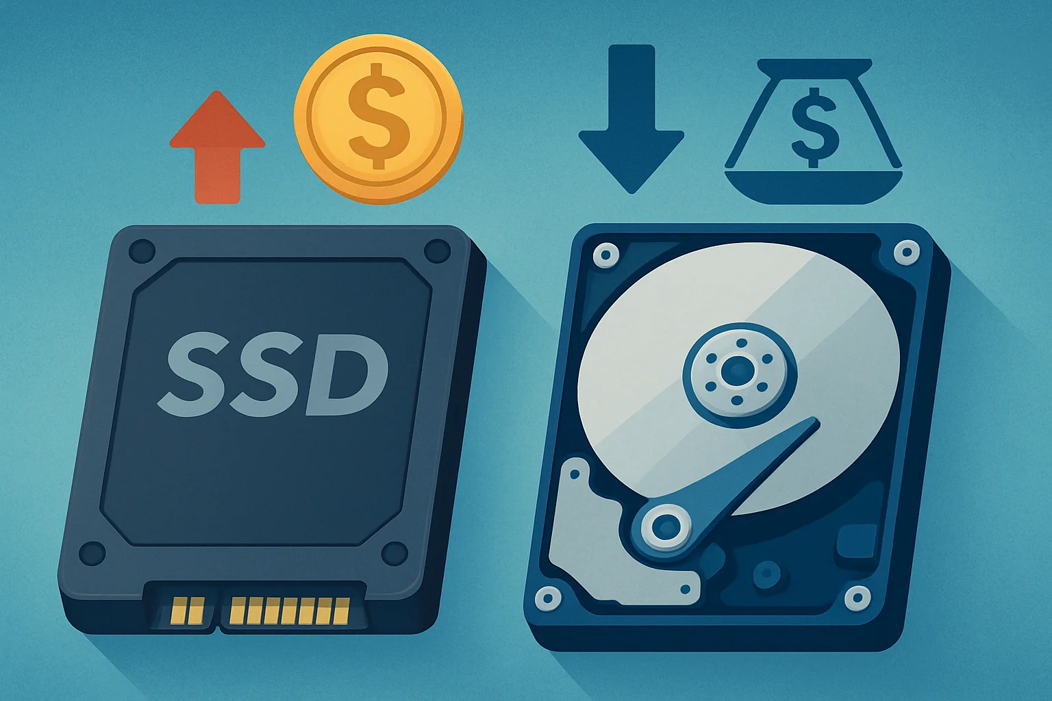 Схематичное изображение SSD и HDD рядом, стрелки, указывающие на разницу в цене, символизирующие дорогие и доступные компоненты.