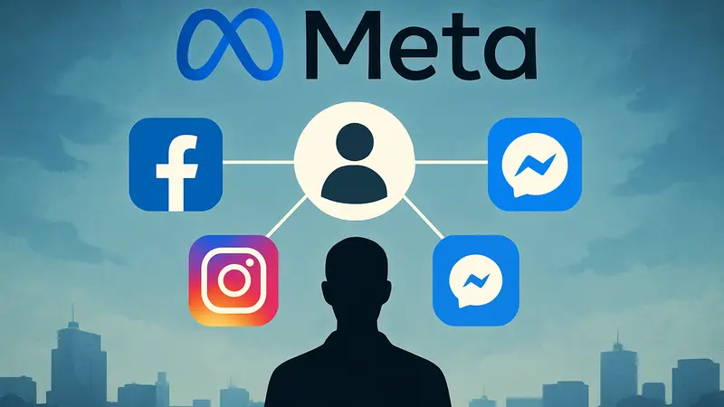 Логотип Meta и значки приложений Facebook, Instagram, Messenger, соединенные единой учётной записью