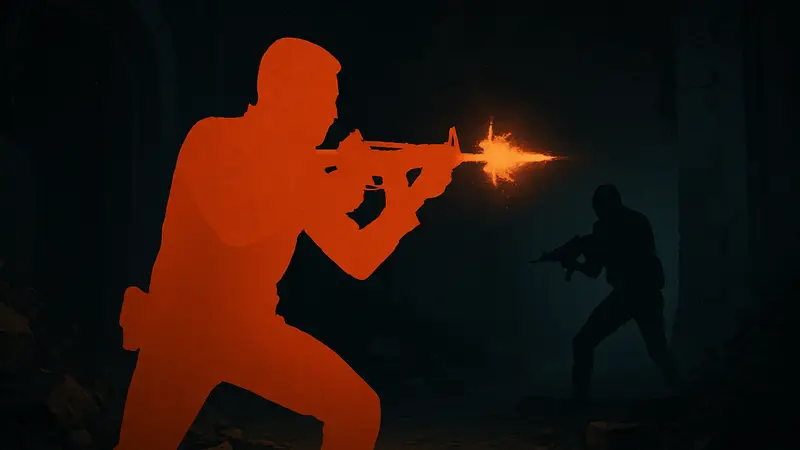 Обложка игры Blindfire с тёмным фоном и намёком на экшен в кромешной тьме.