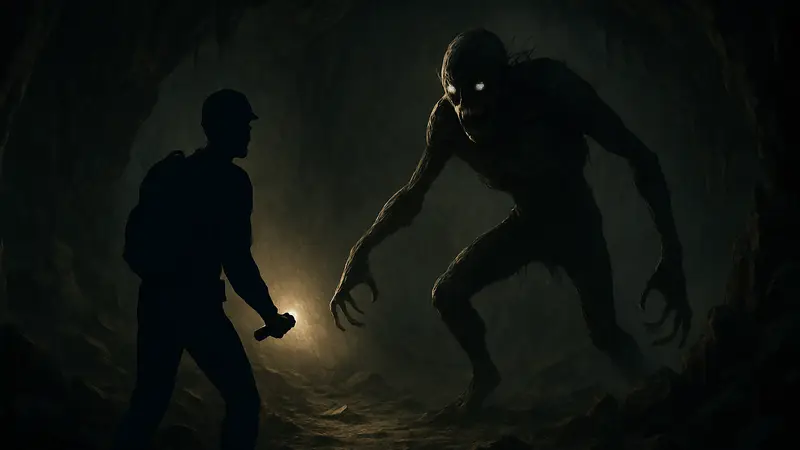 Скриншот игры Idols Of Ash с тёмной пещерой и силуэтом монстра