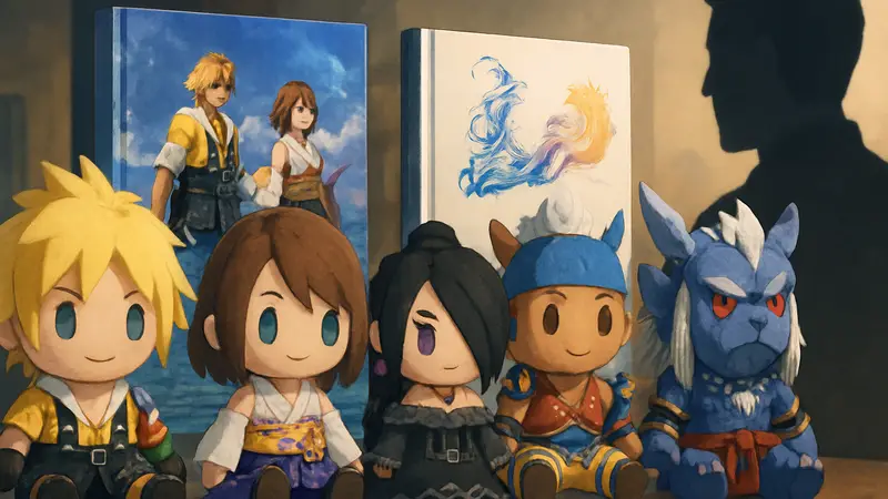 Чиби-плюшевые игрушки персонажей Final Fantasy X и обложки книг к 25-летию игры.