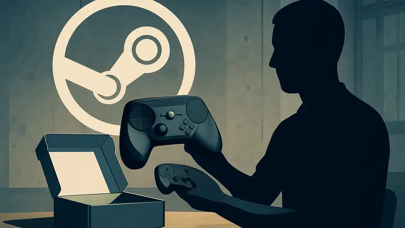 Видео распаковки нового контроллера Steam (Steam Controller 2) на фоне логотипа Valve.