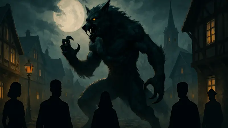 Изображение оборотня из игры Werewolf: The Gloaming Malice, символизирующее социальную дедукцию и RPG.