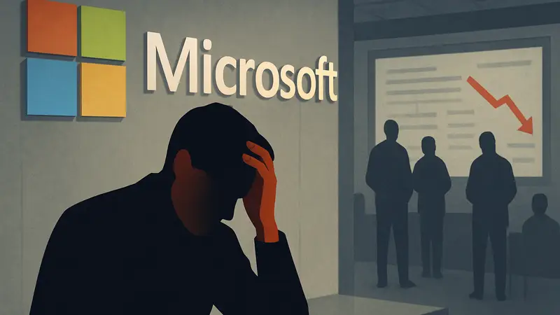 Обеспокоенный сотрудник Microsoft на фоне логотипа компании на фоне новостей о сокращениях.