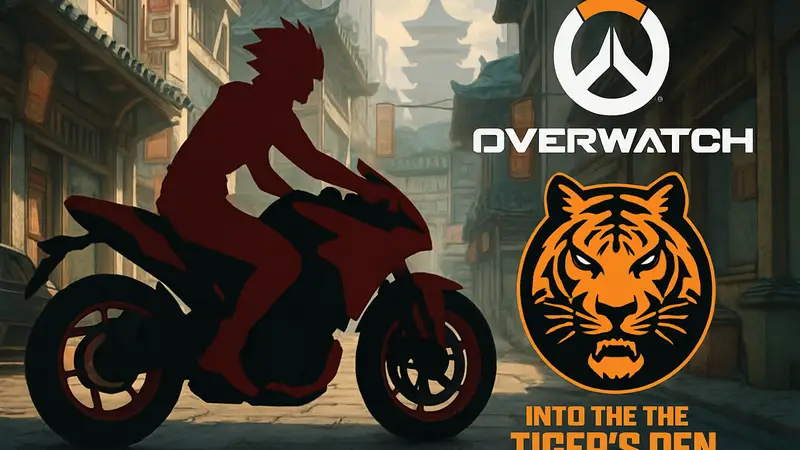 Новый герой Shion на мотоцикле и логотип сезона Overwatch "Into the Tiger's Den".