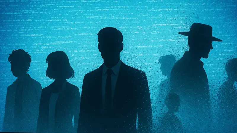 Силуэты исчезающих телевизионных персонажей на фоне мерцающего экрана.