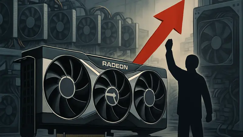 Видеокарта AMD Radeon на фоне майнинговой фермы или ПК комплектующих, повышение цен