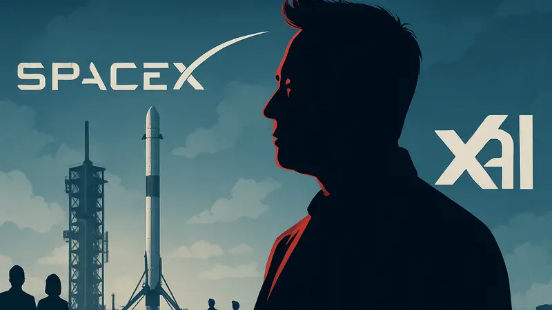 Илон Маск на фоне логотипов SpaceX и xAI, символизирующих слияние компаний.