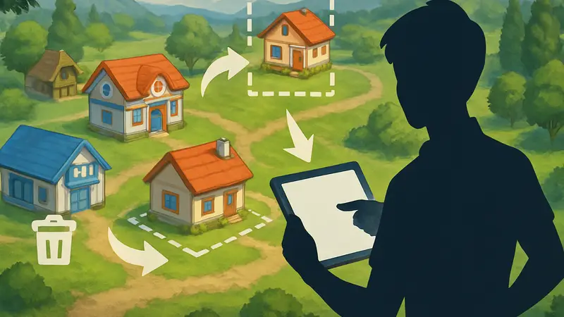 Игровая карта Pokopia с обозначениями зданий и процесса их перемещения для оптимизации.