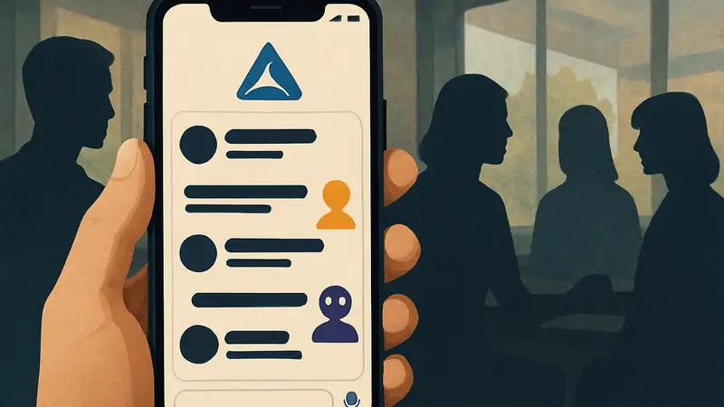 Экран смартфона с интерфейсом приложения Shapes, где люди и ИИ общаются в чате