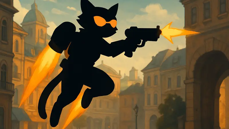 Герой Jetpack Cat из Overwatch на джетпаке, летит и стреляет, символизируя предстоящий нерф.