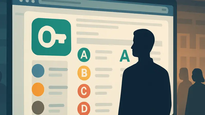 Изображение значка Passkeys на фоне веб-сайта, демонстрирующего рейтинг безопасности компаний.