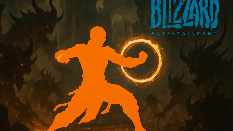Изображение монаха из Diablo 3, демонстрирующего боевые навыки на фоне демонов, с логотипом Blizzard.
