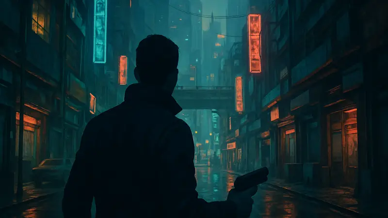 Персонаж Cyberpunk 2077 в виде от первого лица, исследующий мрачные улицы Найт-Сити.