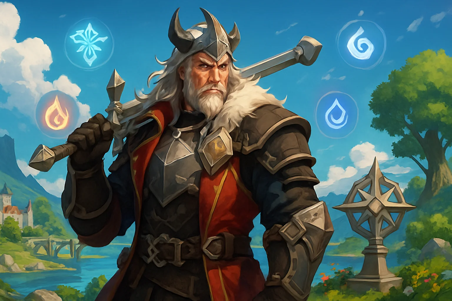 Фан-арт или концепт-арт персонажа Варки из игры Genshin Impact, окруженный элементами игрового мира Тейвата.